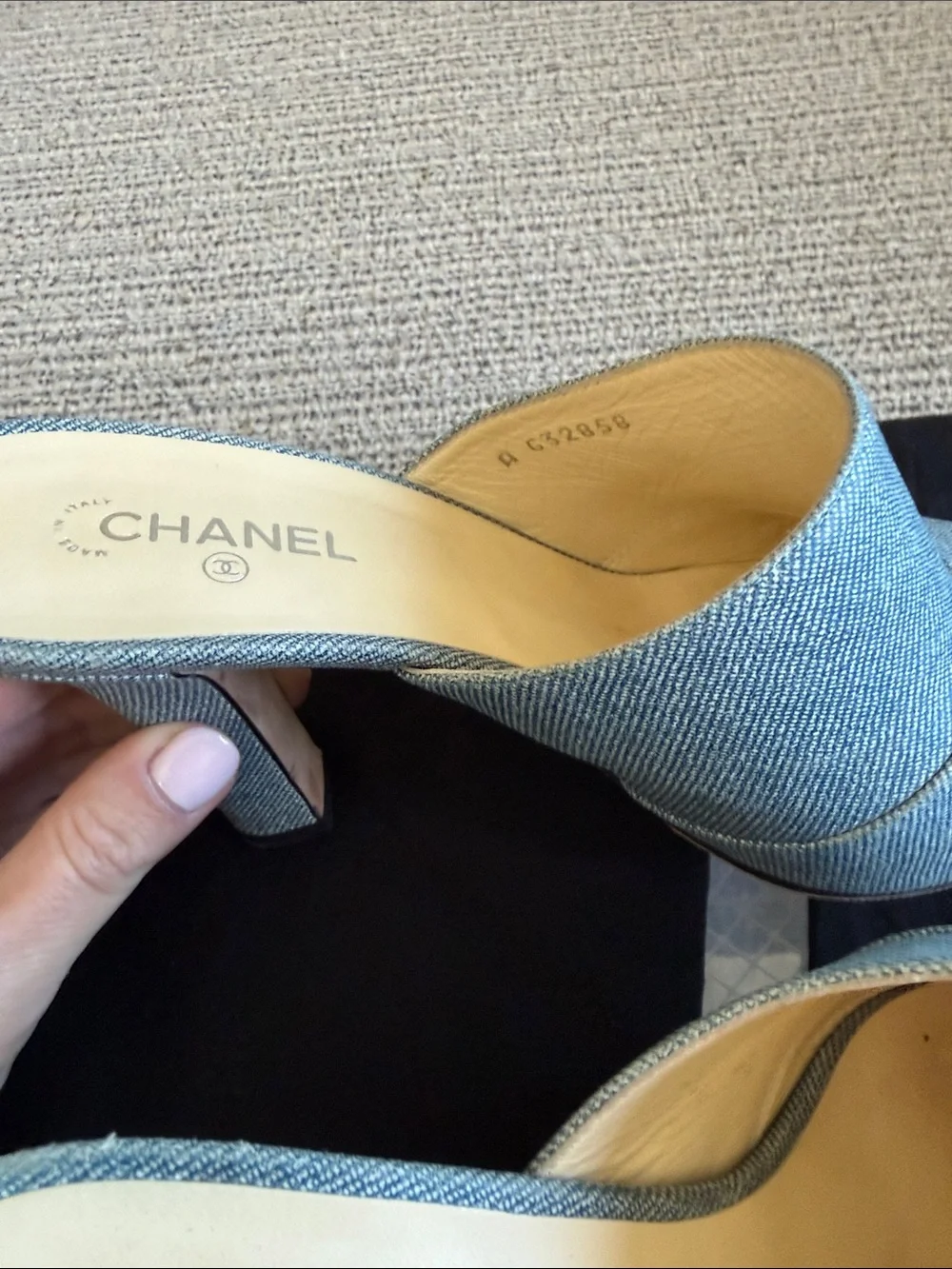 CHANEL Denim Blue and Black Cap-Toe Slip-On Mules